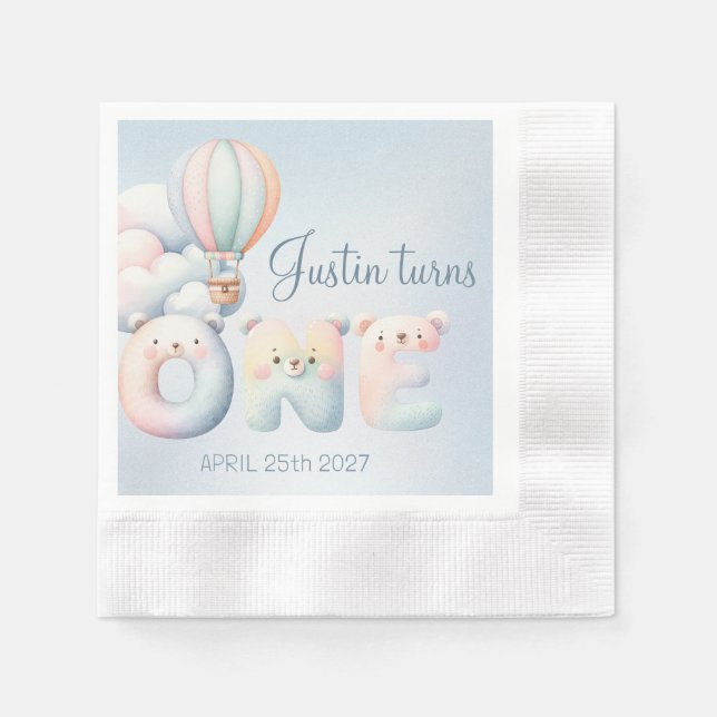 Pojke 1:a födelsedag, tedybjörn luftballong pappersservett (Framsidan)