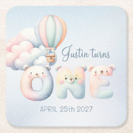Pojke 1:a födelsedag, tedybjörn luftballong underlägg papper kvadrat