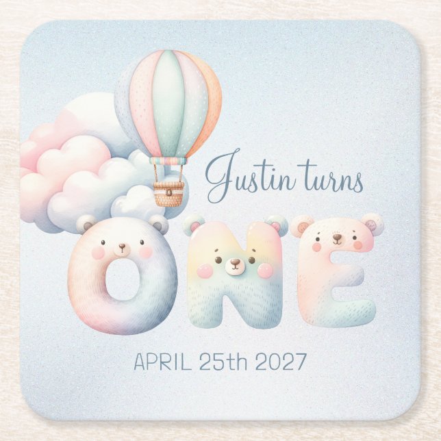 Pojke 1:a födelsedag, tedybjörn luftballong underlägg papper kvadrat (Framsidan)