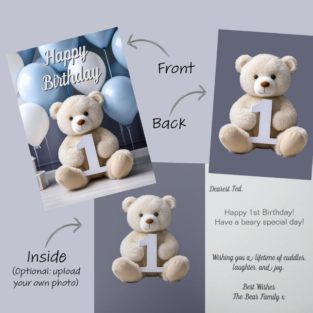 Pojke 1-årsdag Söt teddybjörn & ballonger Kort (Baby Boy First Birthday card. Baby 1st Birthday card with number 1 & white teddy bear blue balloons)