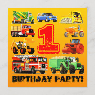 Pojke 1st Birthday Construction Lastbil Party Inbjudningar