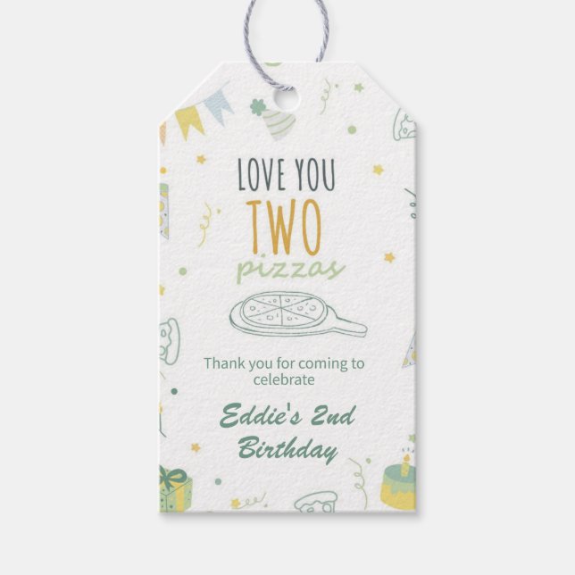 Pojke 2:a födelsedagen Pizza Party Gift Märkre Tac Presentetikett (Framsidan)
