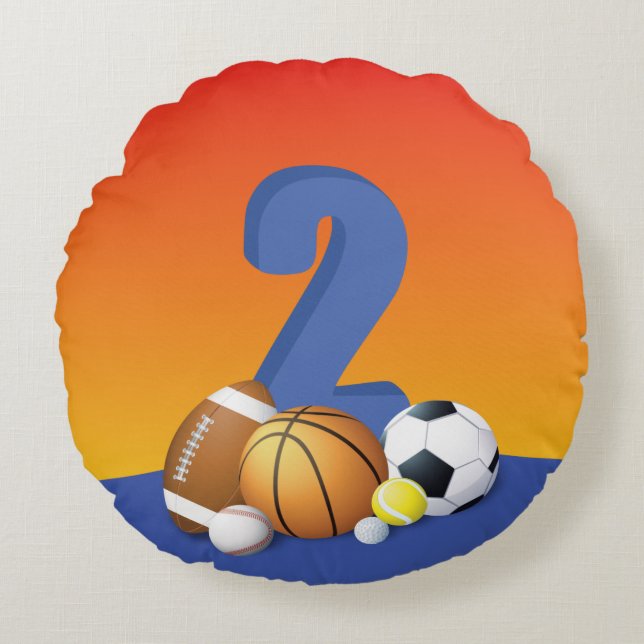 Pojke 2:a födelsedagen Sports Bollar Rund Kudde (Framsidan)