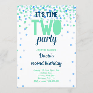 Pojke 2:a födelsedagen TWO PARTY Confetti Blue Grö Inbjudningar