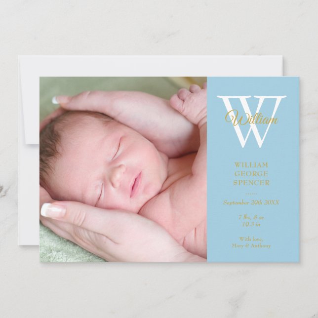 Pojke 4 Photos Blue Monogram Guld Script Birth Meddelande (Framsida)