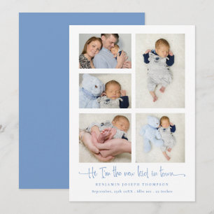 Pojke 5 Photo Collage Blue New Kid Script Birth Meddelande