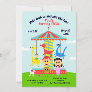 Pojke, andra födelsedag, merry-go-round party invi inbjudningar