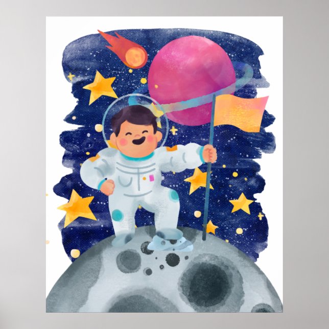 Pojke Astronaut Första Steg Måne Flagga Yttre Rymd Poster (Framsidan)
