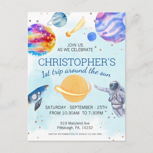 Pojke Astronaut Rymden födelsedagsfest Vykort (Framsida)