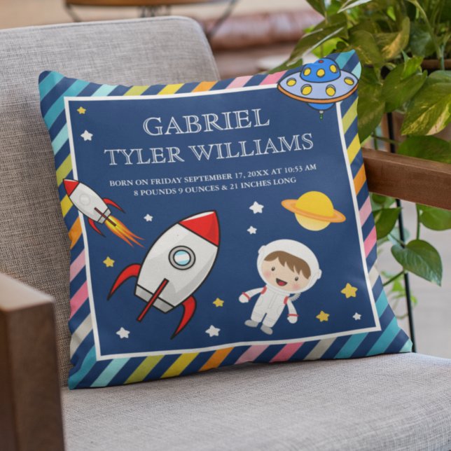 Pojke Astronaut Rymden Rocket Birth Stats Kudde (Skapare uppladdad)