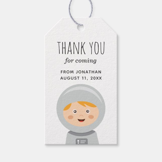 Pojke astronaut. Tack, barns födelsedag party Presentetikett (Framsidan)