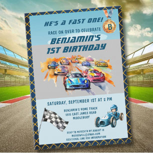 * Pojke Auto Bil Racing Tema 1-års födelsedagsfest Inbjudningar