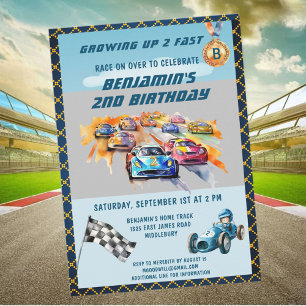 * Pojke Auto Bil Racing Tema 2-års födelsedagsfest Inbjudningar
