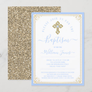 Pojke Baby Blue Light Gold Elegant Dop Inbjudningar