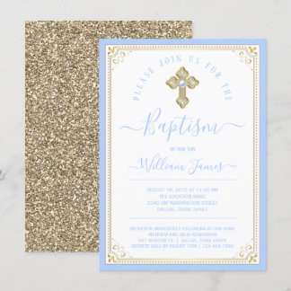 Pojke Baby Blue Light Gold Elegant Dop Inbjudningar