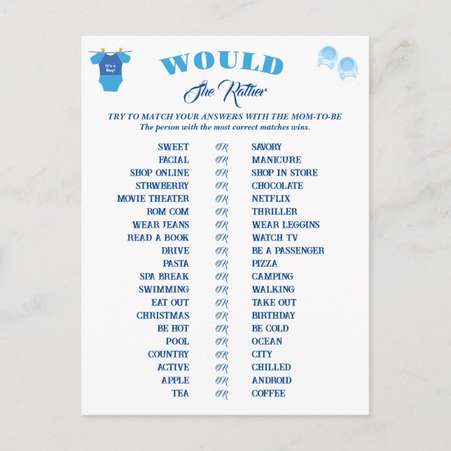 Pojke Baby Shower Games Predence and Advice. Vykort (Framsida)