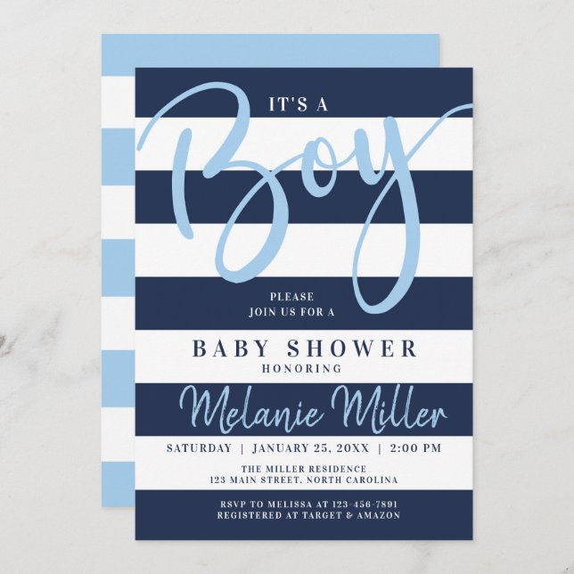Pojke Baby Shower-inbjudningar, Navy Blue Rand Inbjudningar (Fram/baksida)