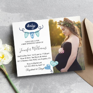 pojke baby shower minimalistisk foto chic inbjudan flygblad