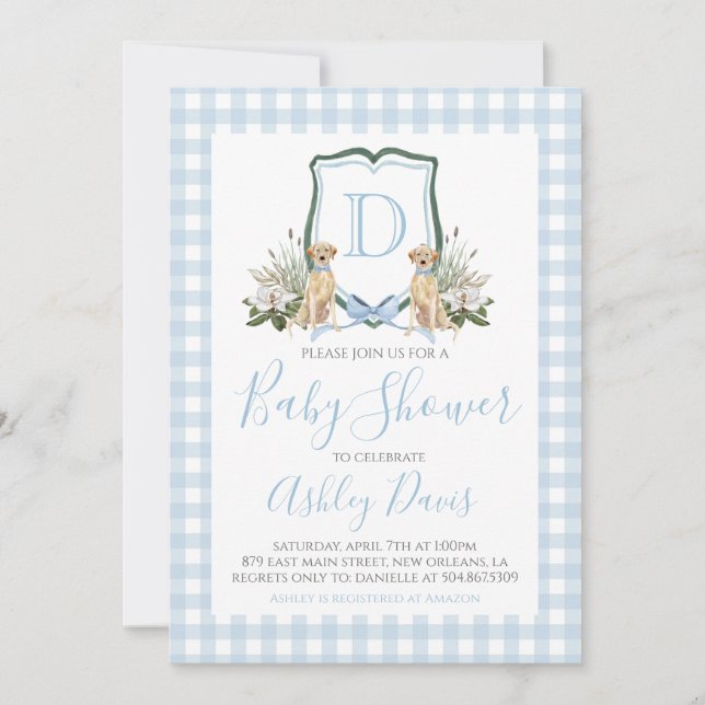 Pojke Baby Shower Preppy Hund Southern Gingham Inbjudningar (Framsida)