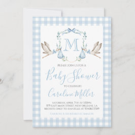 Pojke Baby Shower Preppy Stork Gingham Blue Inbjudningar