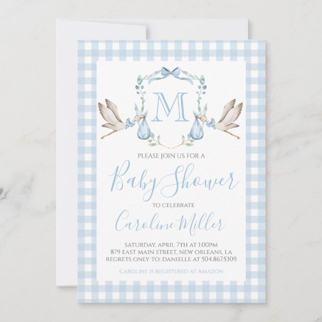 Pojke Baby Shower Preppy Stork Gingham Blue Inbjudningar (Framsida)
