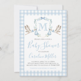 Pojke Baby Shower Preppy Stork Gingham Blue Inbjudningar