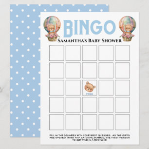 Pojke Baby Shower Teddy Ballong Blå Bingo Inbjudningar