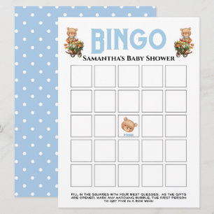 Pojke Baby Shower Teddy Blommig Blå Bingo Inbjudan