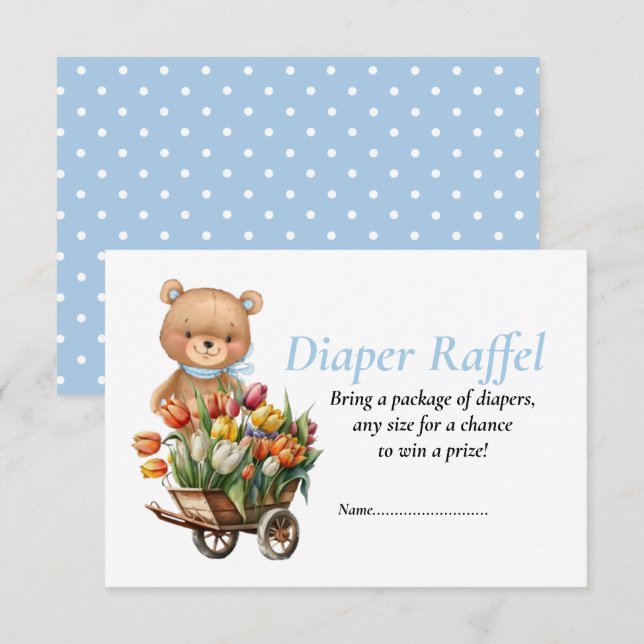 Pojke Baby Shower Teddy Rustic Flora Blöja Raffel  Inbjudningar (Fram/baksida)