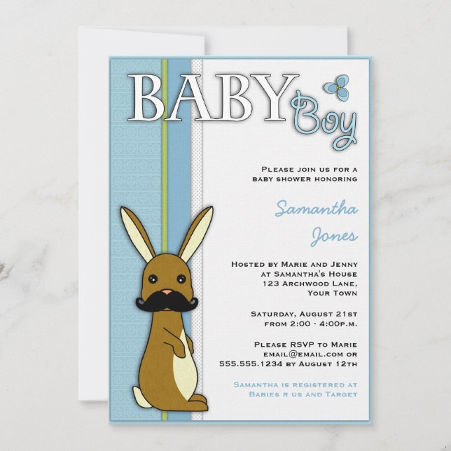 Pojke Babyskor Cute Bunny med mustache - Blå Inbjudningar (Framsida)