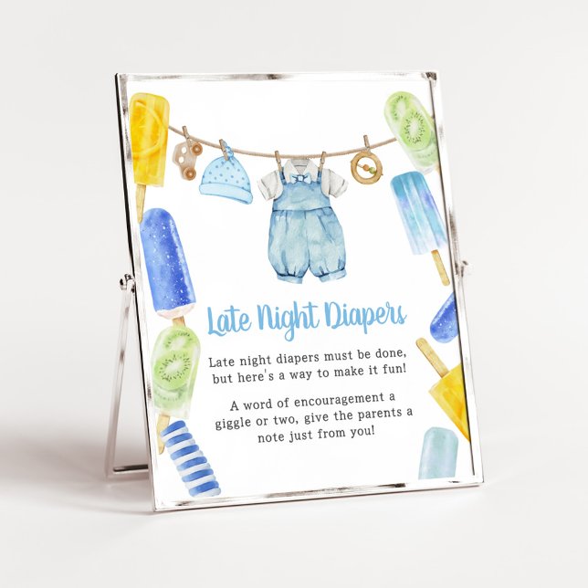 Pojke-babyskor för sent på natten poster (Popsicle Baby Shower Late Night Diapers Sign)