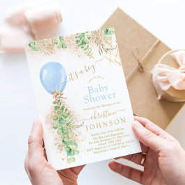 Pojke Ballong Eukalyptus Guld Glitter Baby Shower Inbjudningar
