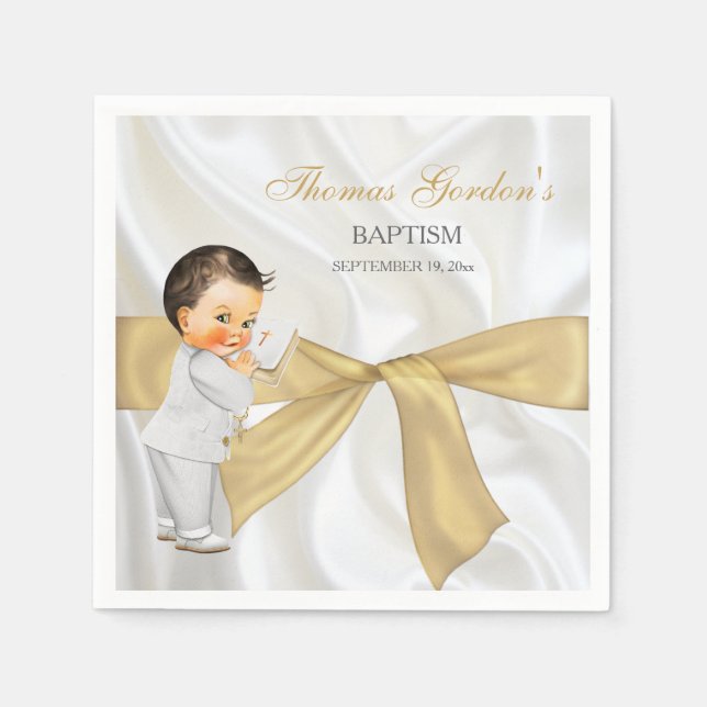 Pojke Baptism Christening Guld Bow Pappersservett (Framsidan)