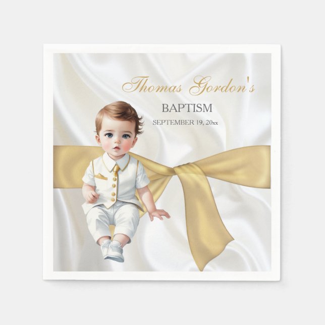 Pojke Baptism Christening Guld Bow Pappersservett (Framsidan)