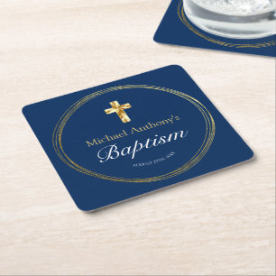 Pojke-baptism - marinblå Guld Kor Underlägg Papper Kvadrat