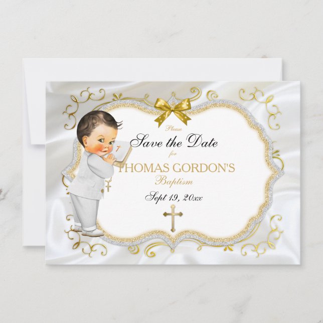 Pojke Baptism Spara Vit Guld Kor Datumet (Framsida)