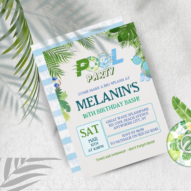 Pojke Bassäng Party bjudande - Coola, födelsedag Inbjudningar (Cool Dude Pool Party Birthday Invitation - Fun Tropical Design)