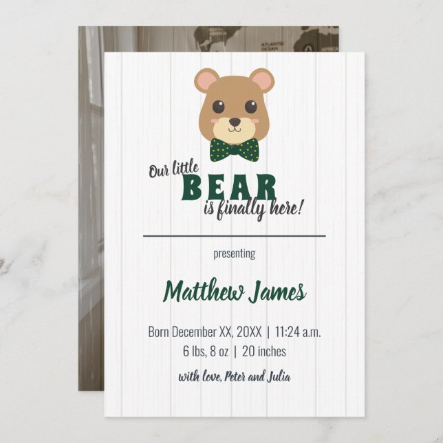 Pojke Bear Grönt & Guld Lodrät Baby Meddelande (Fram/baksida)