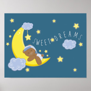 Pojke Bear Måne Celestial Stars Nursery Skriv ut Poster