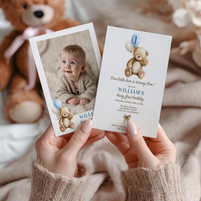 Pojke Beary 1:a födelsedag Nalle Fotobubblor Inbjudningar (Boy Beary 1st Birthday Teddy Bear Photo Balloons Invitation)