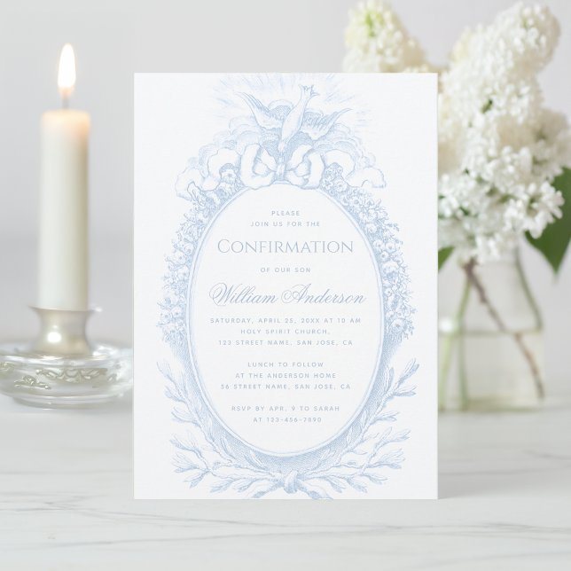 Pojke bekräftelse blå Helig Ande duva vintage Inbjudningar (Skapare uppladdad)