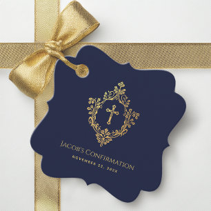 Pojke Bekräftelse Marinblå Falskt Guld Kors Crest Gåvor Etiketter