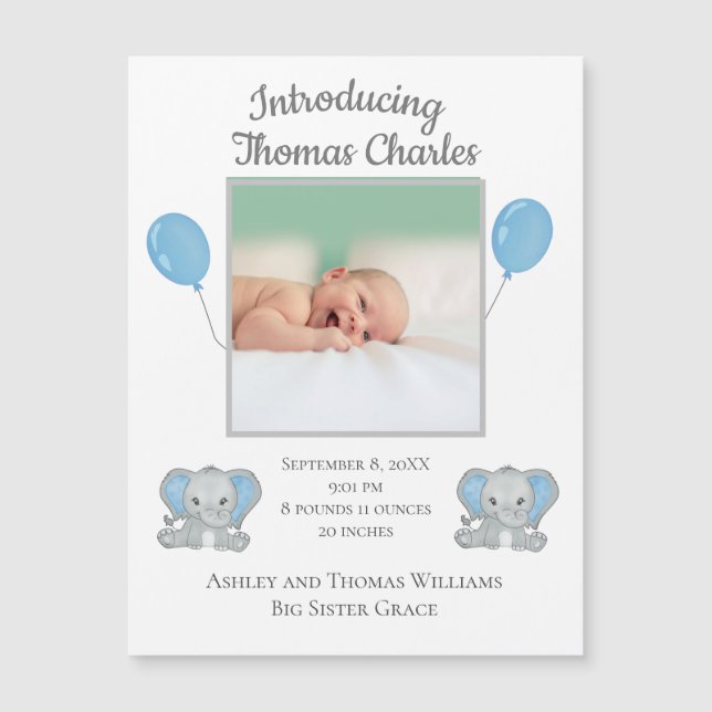Pojke Birth Announcement Blue Elephants Balloon (Framsida)