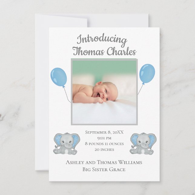 Pojke Birth Announcement Blue Elephants Balloon (Framsida)