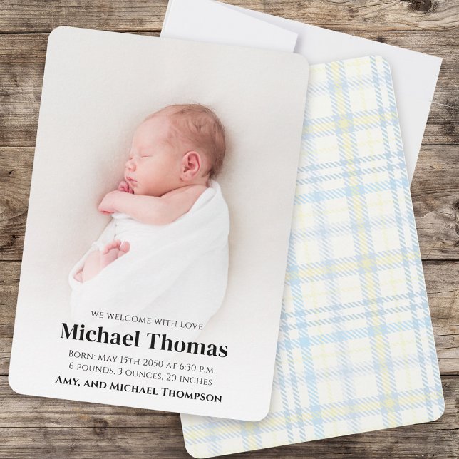 Pojke Birth Photo Anpassningsbar Blue Play (Baby boy birth announcement. )