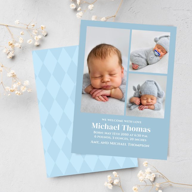 Pojke Birth Photo Collage Anpassningsbar Blue (Multi photo collage baby birth announcement. with blue herringbone pattern.)