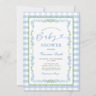 Pojke Blå Blommig Grandmillenial Baby Shower Rutig Inbjudningar