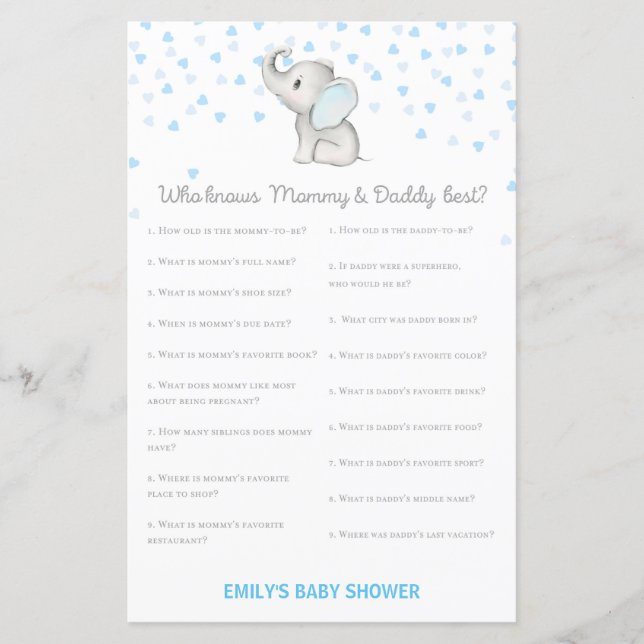  Pojke Blå Elefant Baby Shower Spel UTRYCKT (Framsida)