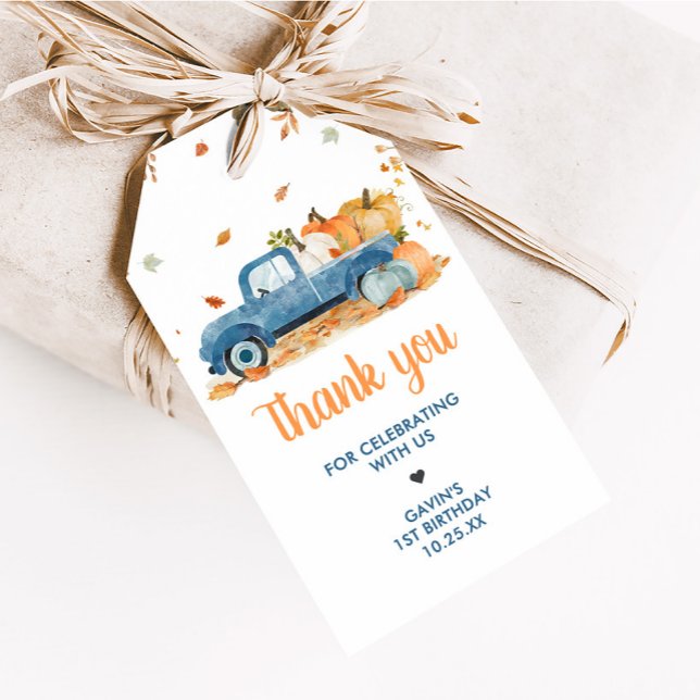 Pojke Blå Pumpa Lastbil Höst Födelsedagspresent Ta Presentetikett (Blue Pumpkin Truck Fall Birthday Favor Tags)