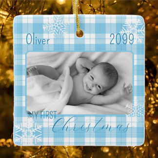 Pojke blå snöflingor, första jul julgransprydnad keramik